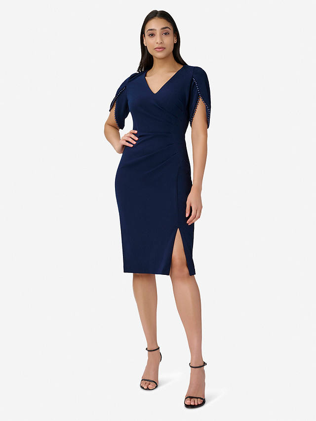 Adrianna Papell Knit Crepe Pearl Trim Knee Length Dress, Navy Sateen