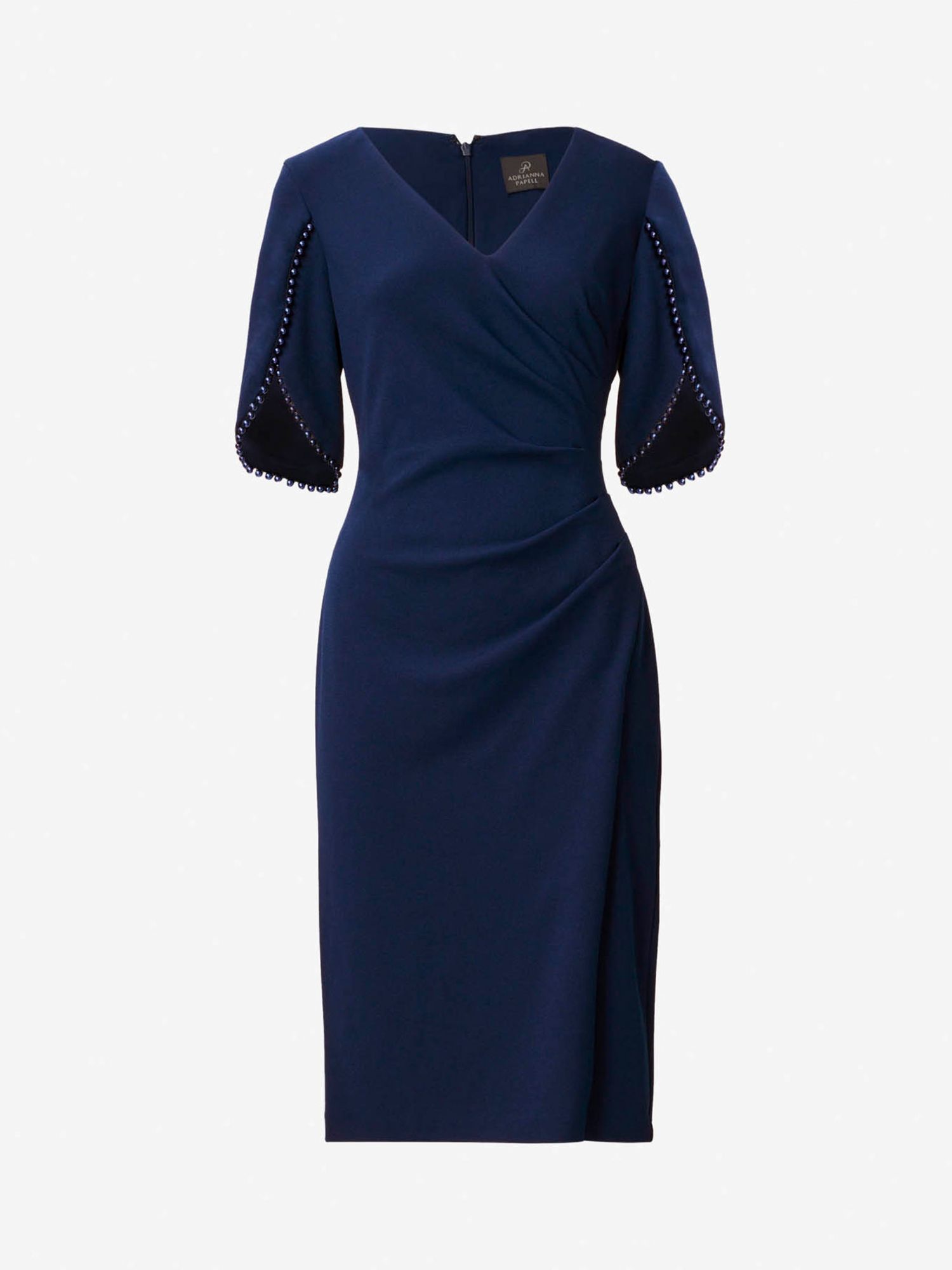 Adrianna Papell Knit Crepe Pearl Trim Knee Length Dress, Navy Sateen at ...