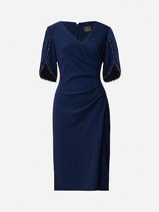 Adrianna Papell Knit Crepe Pearl Trim Knee Length Dress, Navy Sateen