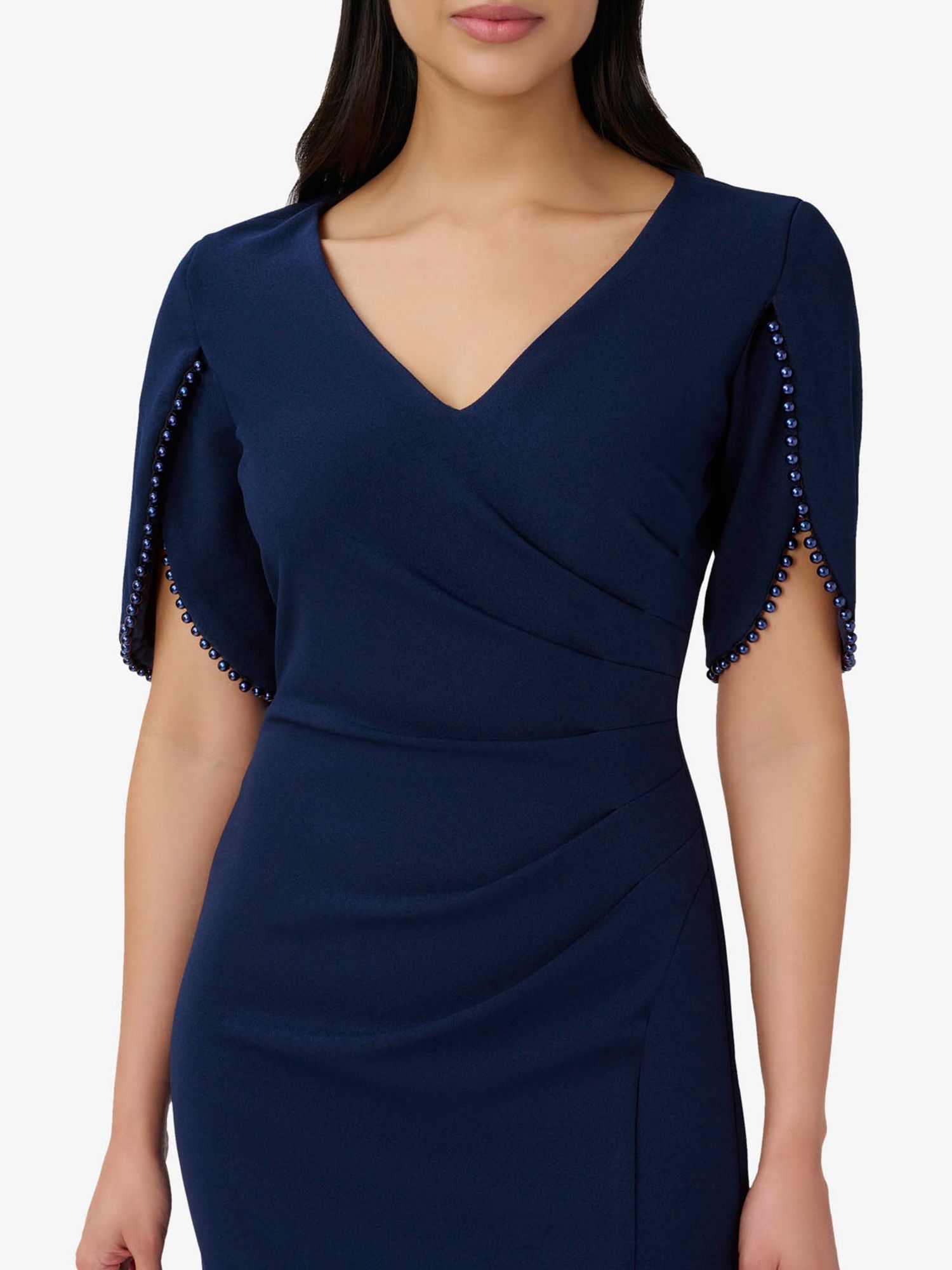 Adrianna Papell Knit Crepe Pearl Trim Knee Length Dress Navy Sateen