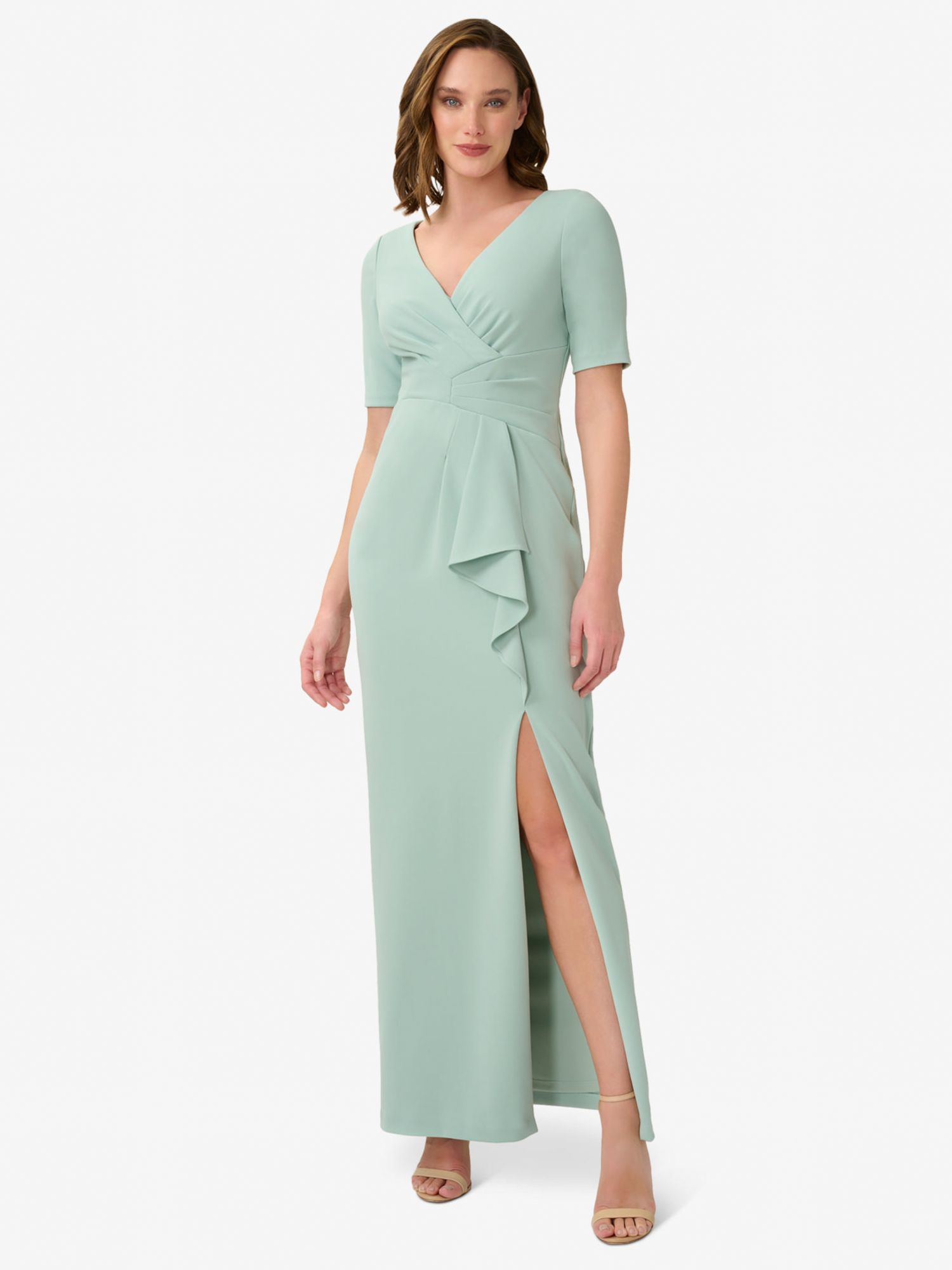 Adrianna Papel Draped Knit Crepe Gown, Icy Sage, 8
