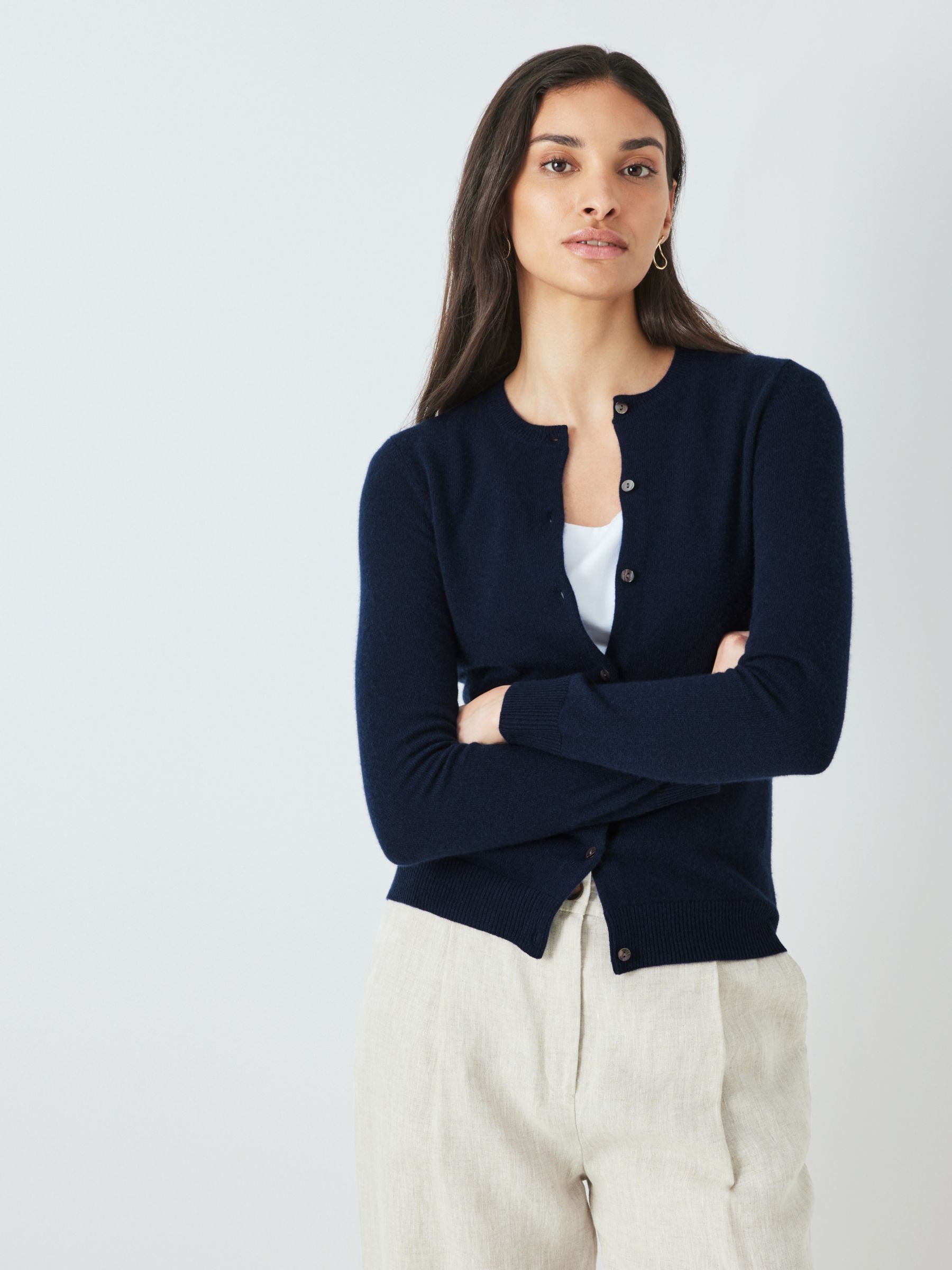 John Lewis Cashmere Crew Neck Cardigan, Navy at John Lewis & Partners