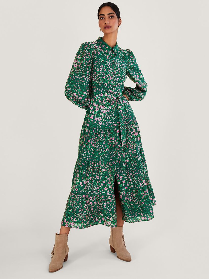 Monsoon Gracelynn Feather Print Shirt Dress, Green at John Lewis & Partners