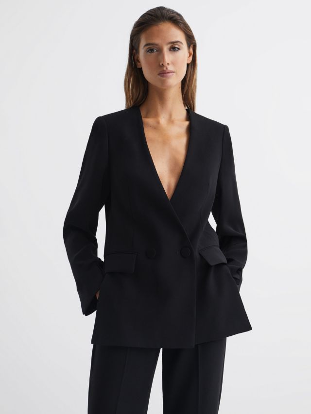 Reiss Margeaux Collarless Double Breasted Blazer, Black, 4