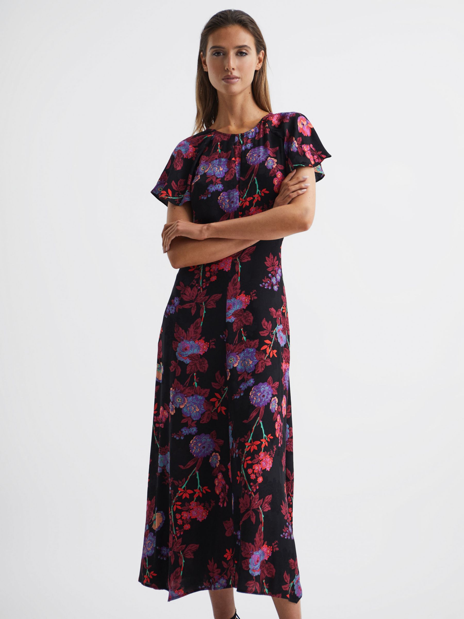 Reiss Leni Floral Midi Dress, Black/Pink at John Lewis & Partners