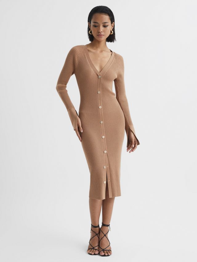 Camel ribbed hot sale midi dress