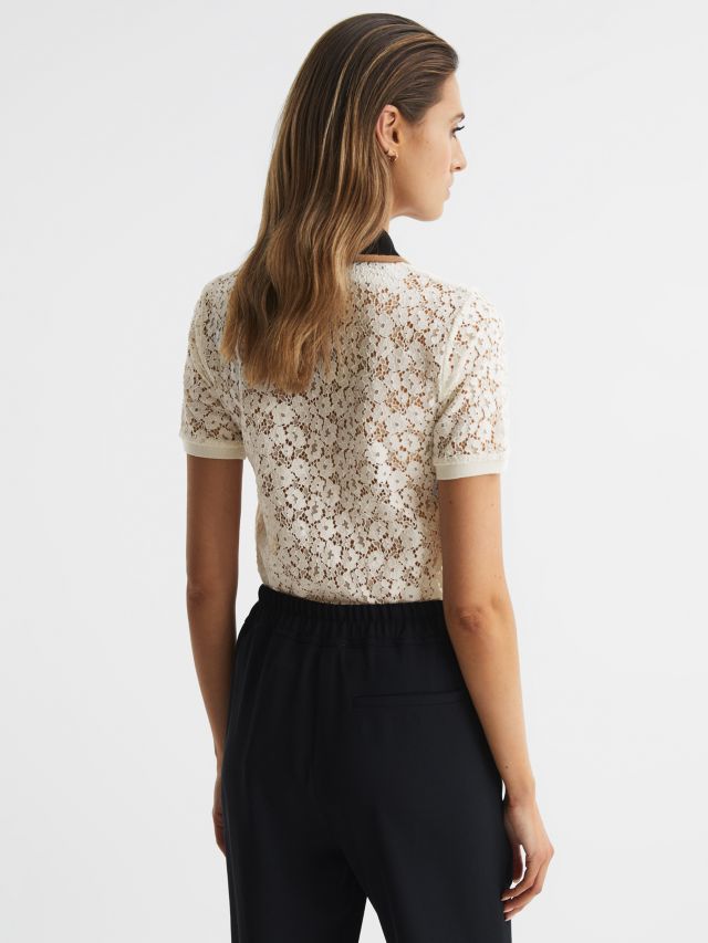 Reiss Eliza Lace Back Polo Shirt, Ivory, XS