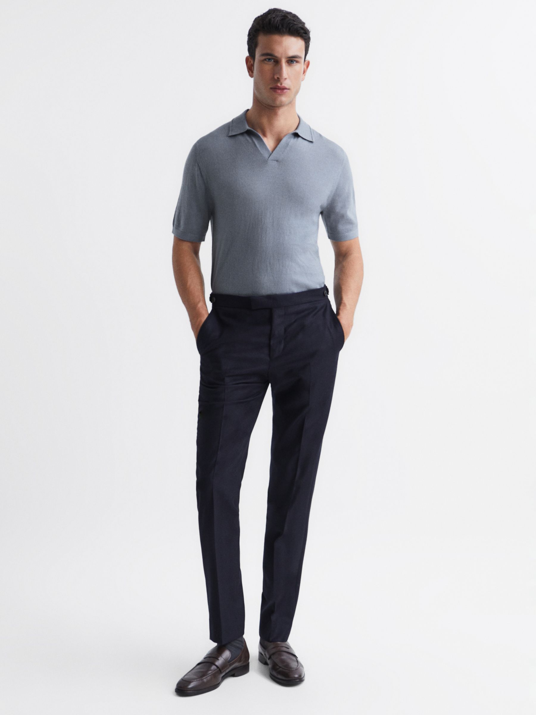 Reiss Duchie Knitted Short Sleeve Polo Top, Dove Blue