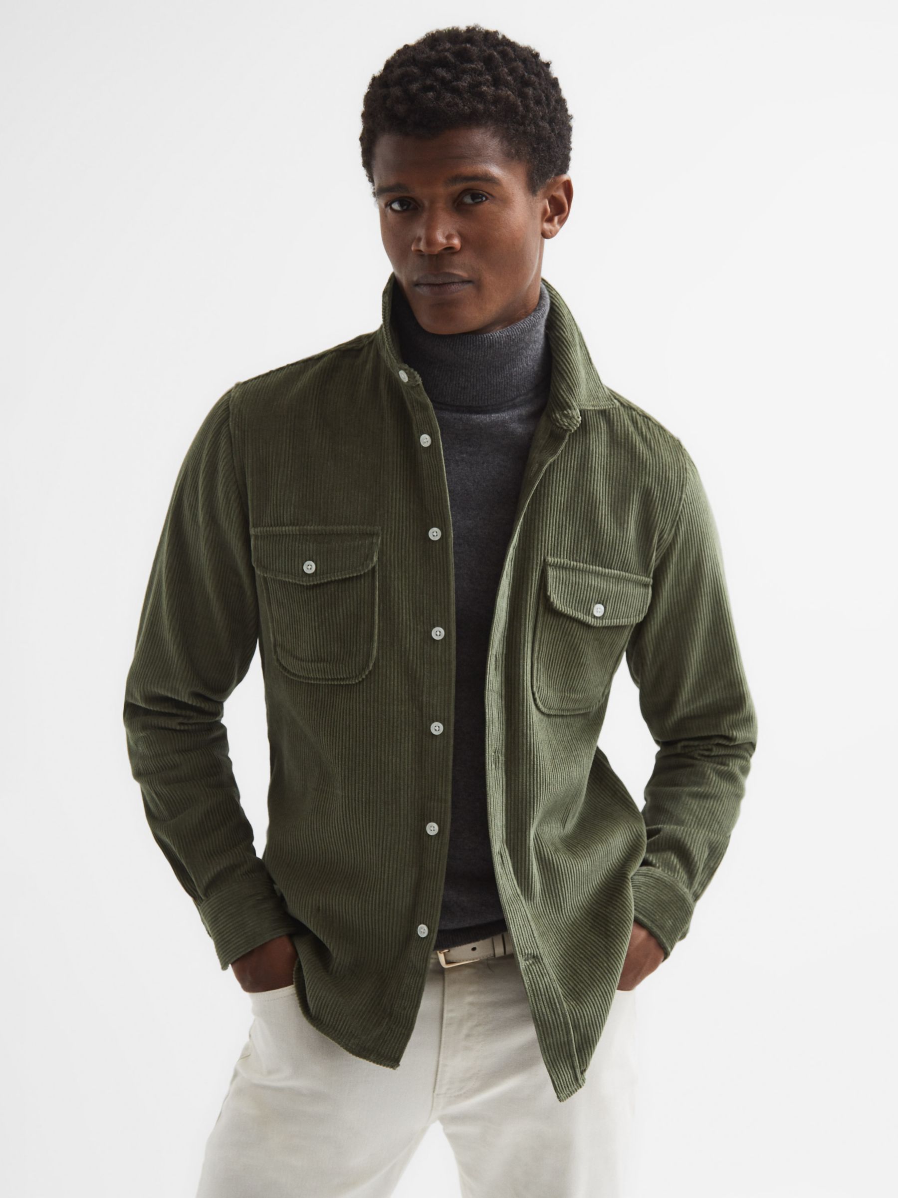 Reiss Bonucci Long Sleeve Corduroy Pocket Shirt, Kale