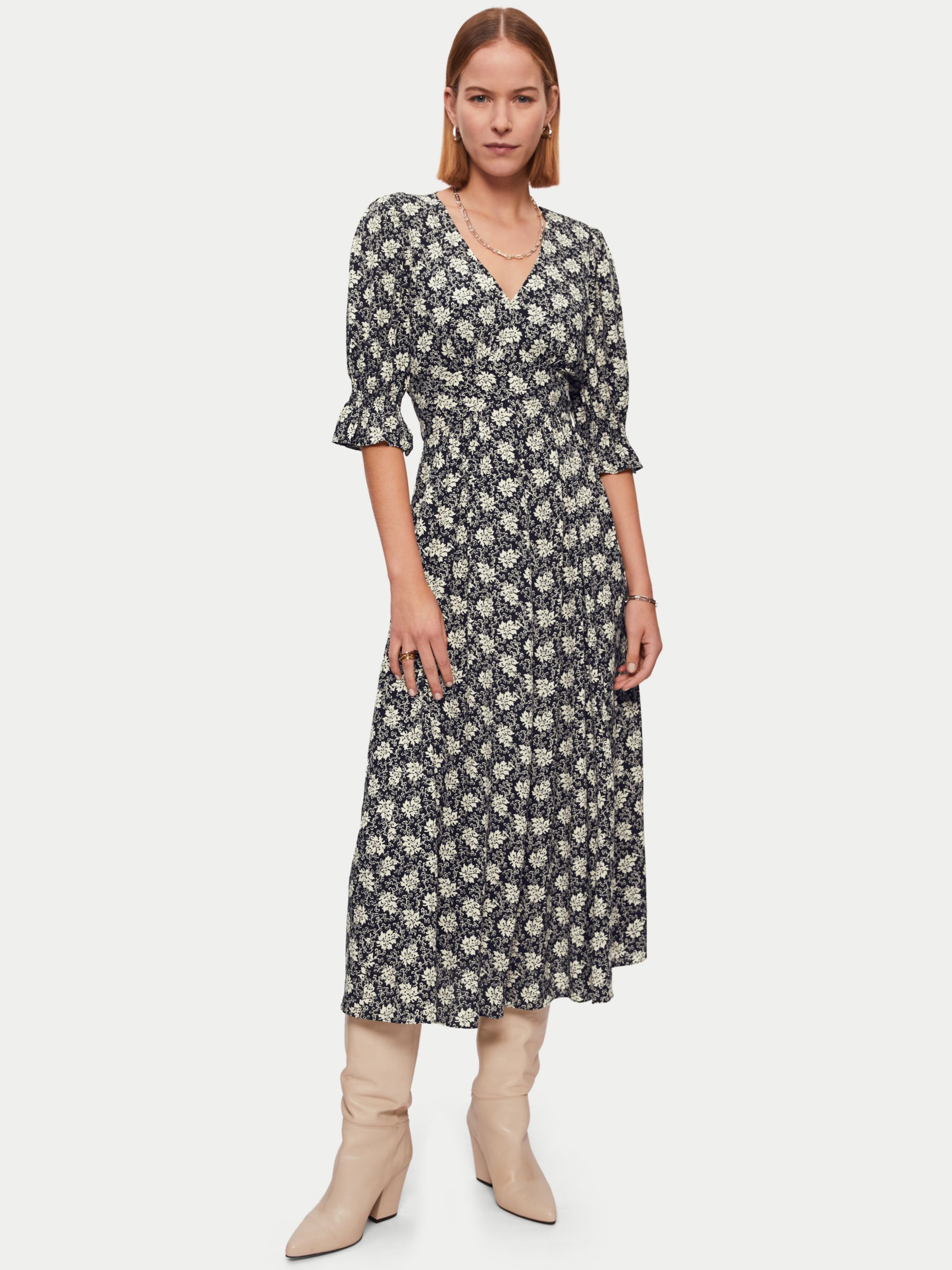 Jigsaw Leaf Print Midi Tea Dress, Monochrome at John Lewis & Partners