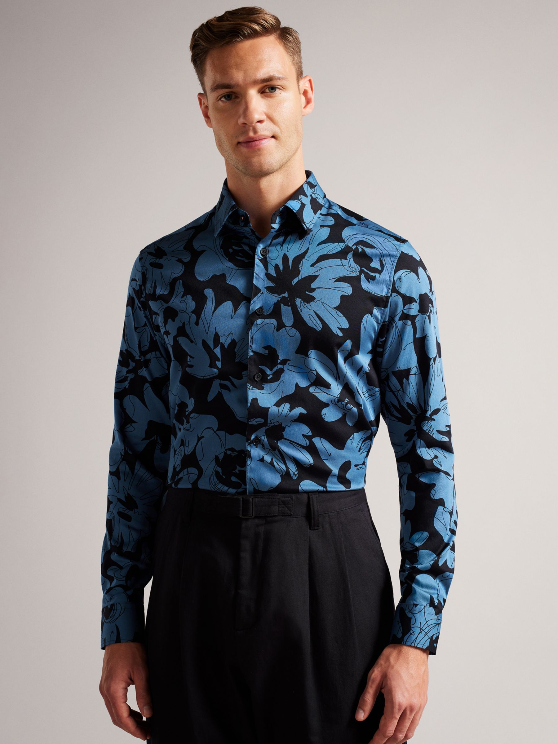 Net fløjl Snestorm Ted Baker Altlo Floral Print Long Sleeve Shirt, Mid Blue at John Lewis &  Partners