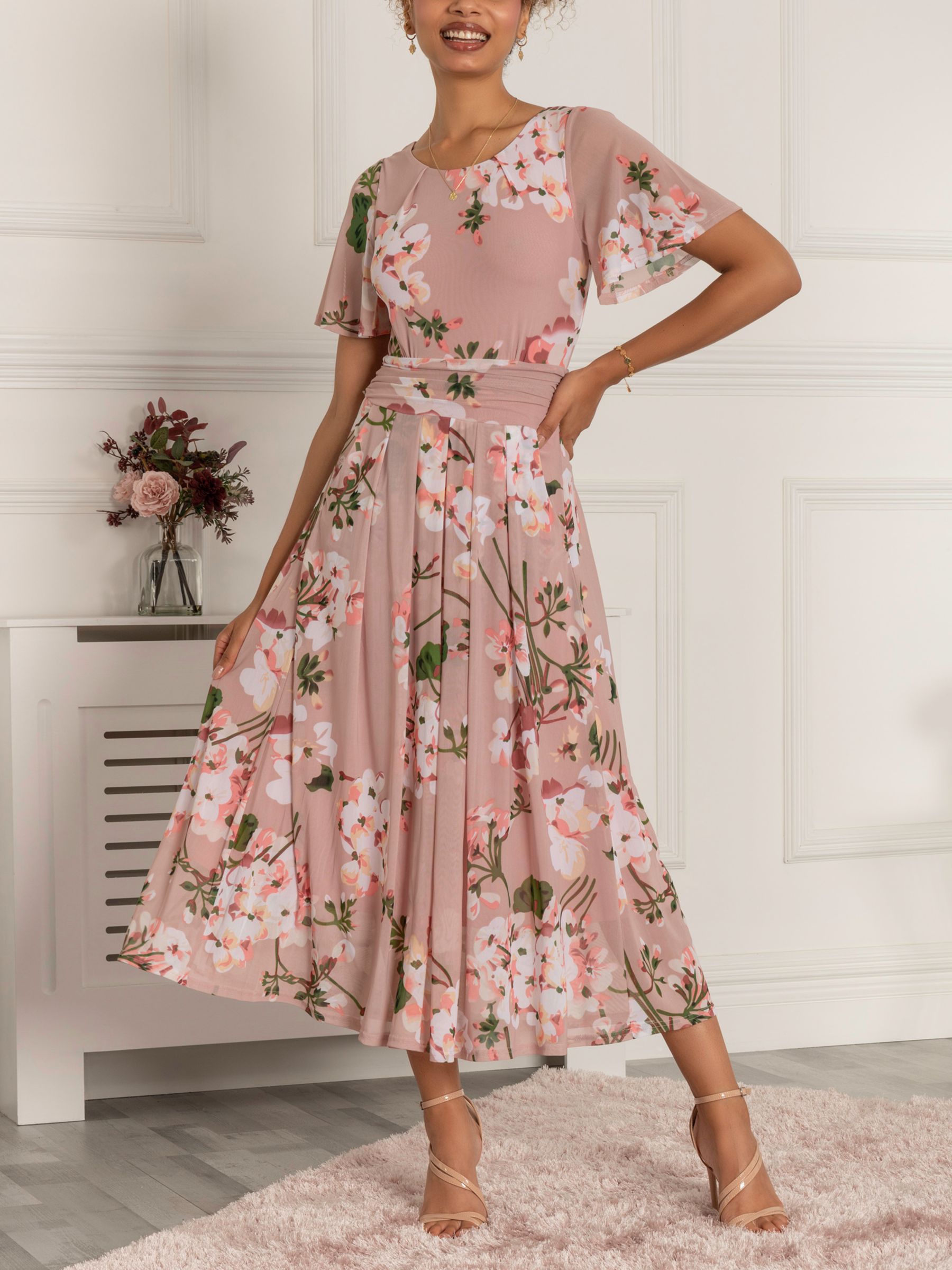 Jolie Moi Mabelle Floral Print Flared Midi Dress, Pink at John Lewis &  Partners