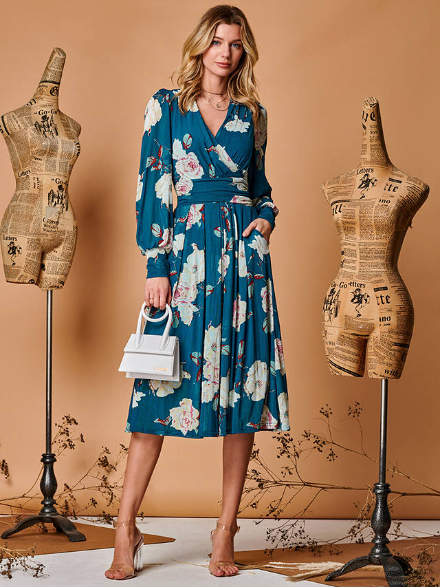 Jolie Moi Maaike Floral Print Long Sleeve Midi Dress, Teal