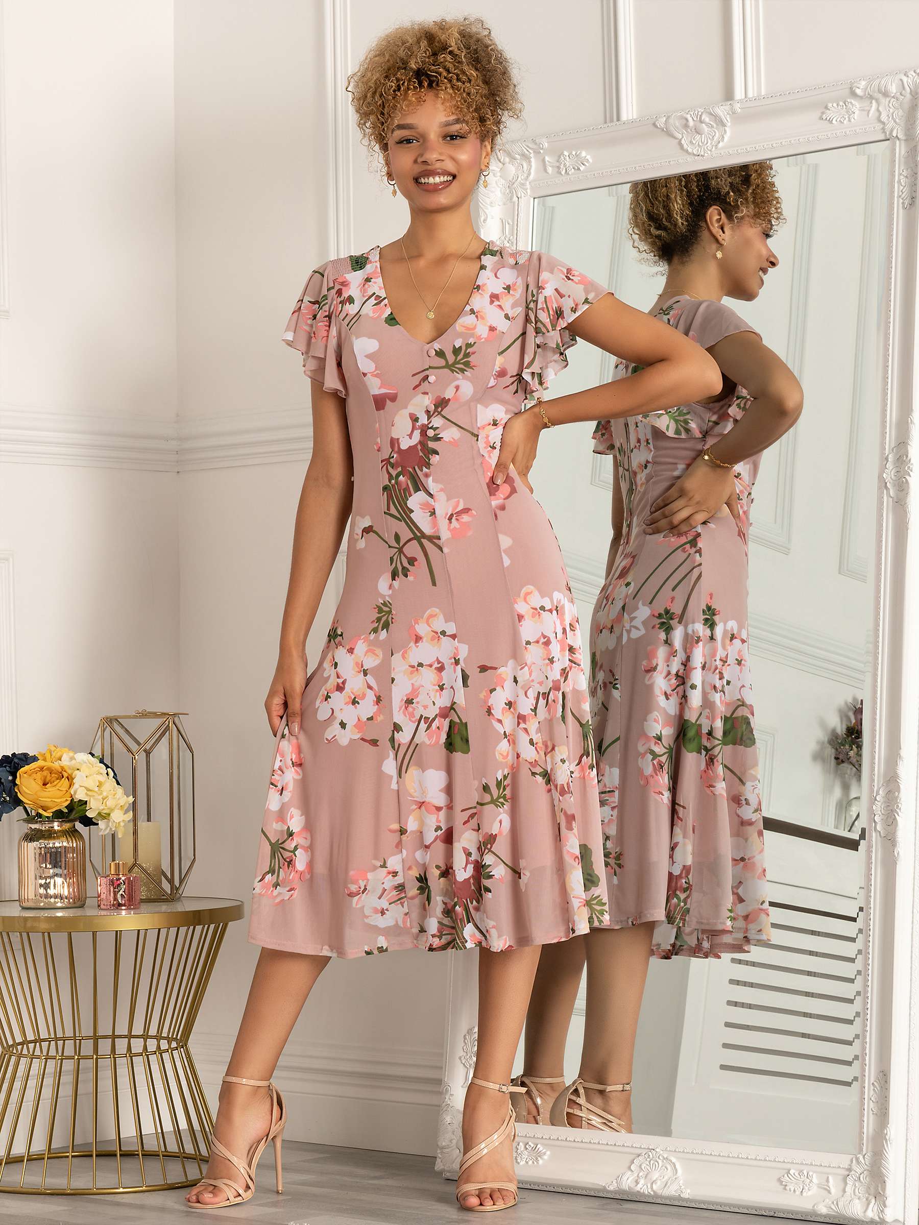 Buy Jolie Moi Essie Flared Mesh Floral Print Dress, Pink Online at johnlewis.com
