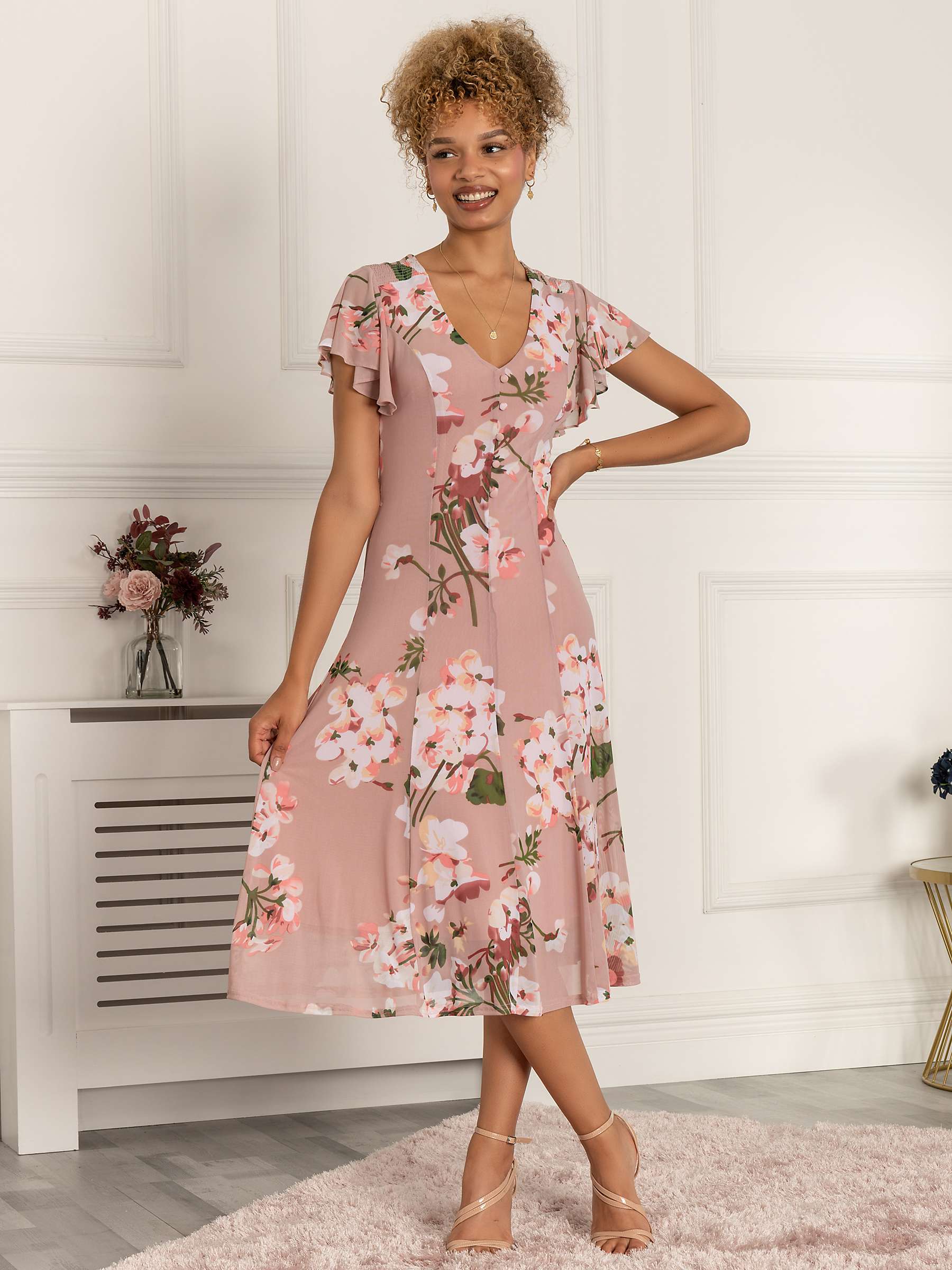 Buy Jolie Moi Essie Flared Mesh Floral Print Dress, Pink Online at johnlewis.com