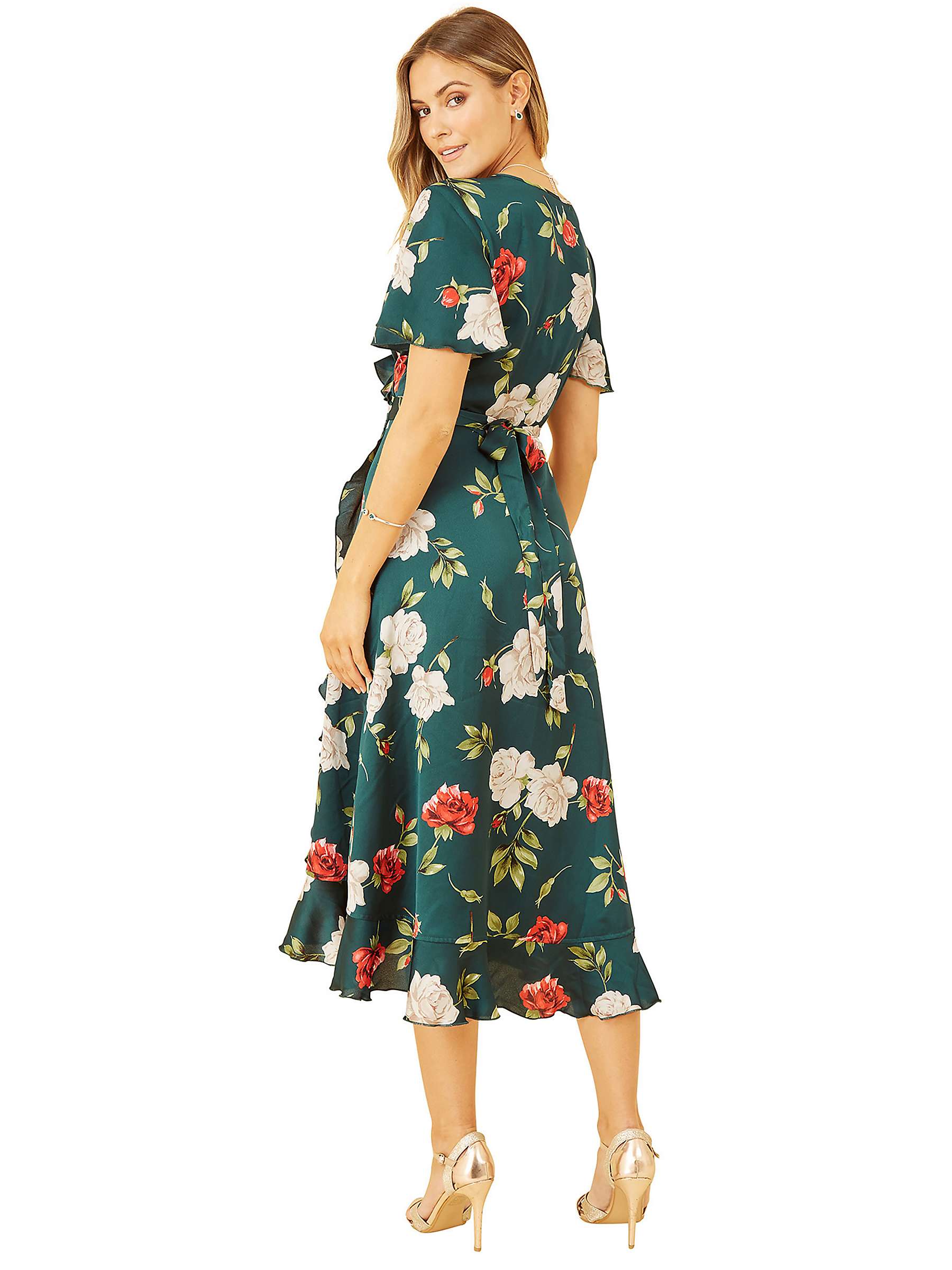 Buy Yumi Satin Rose Print Wrap Dress, Green Online at johnlewis.com