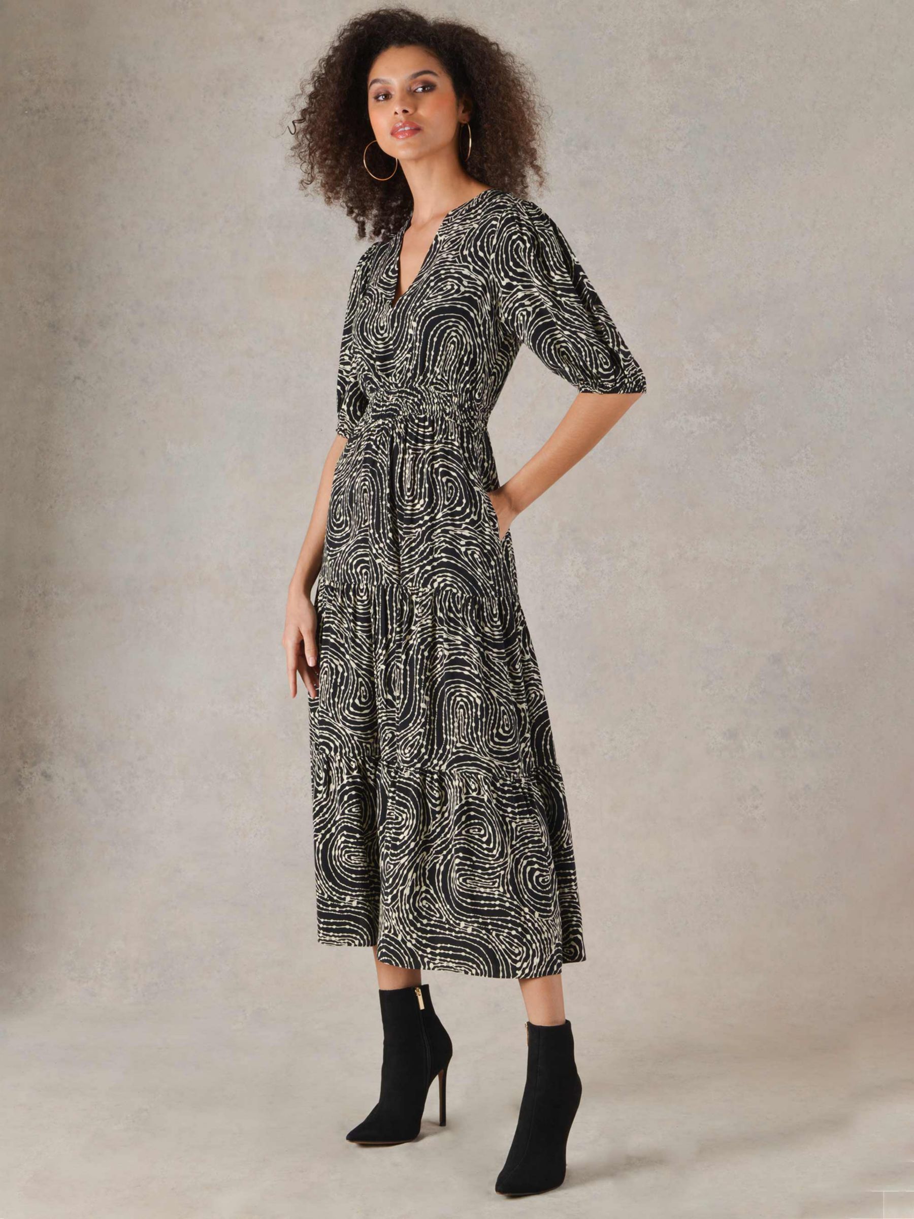 Buy Ro&Zo Swirl Print Shirred Waist Midi Dress, Black Online at johnlewis.com