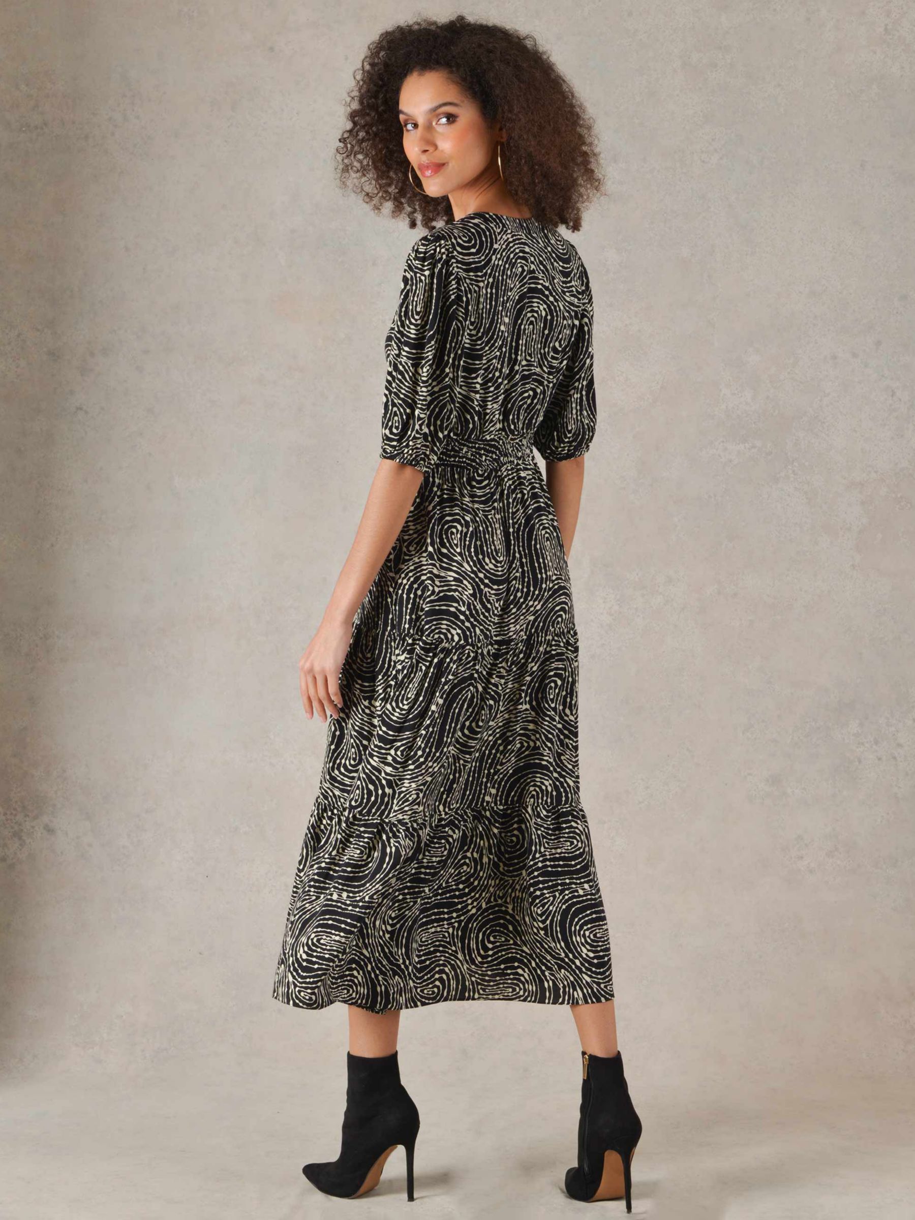 Buy Ro&Zo Swirl Print Shirred Waist Midi Dress, Black Online at johnlewis.com