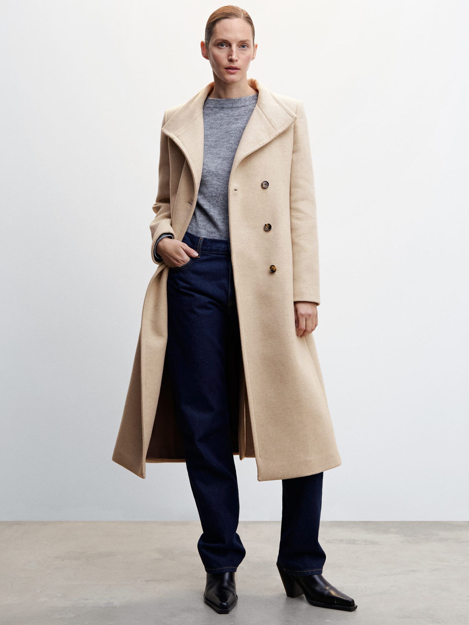 Mango Wool Blend Double Breasted Tailored Coat, Beige, XXS