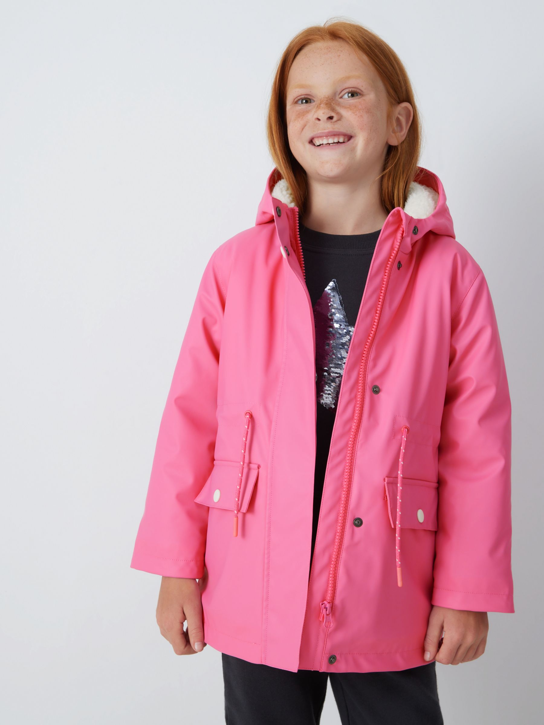 John Lewis Kids' Plain Hooded Rain Coat, Hot Pink at John Lewis & Partners