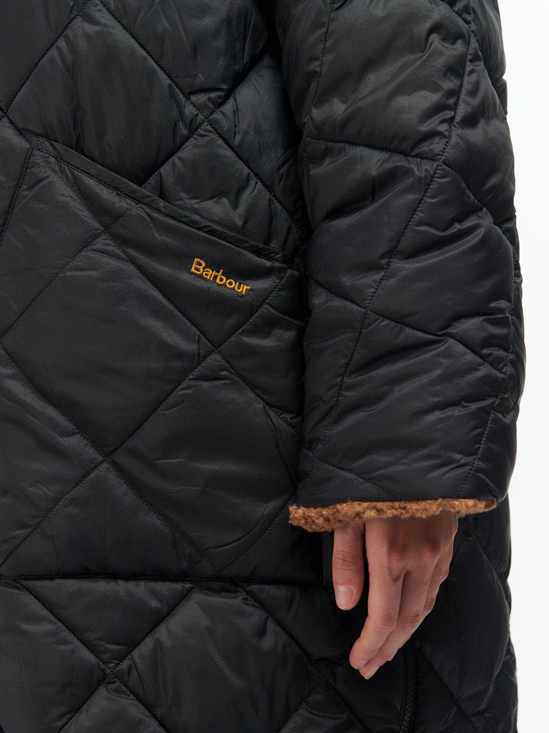 Barbour Portellen Long Quilted Hooded Coat, Black/Ancient Tartan, 8
