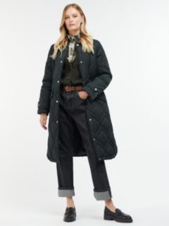 Barbour Bonnie Plain Long Quilted Coat, Black/Fern Tartan, 10