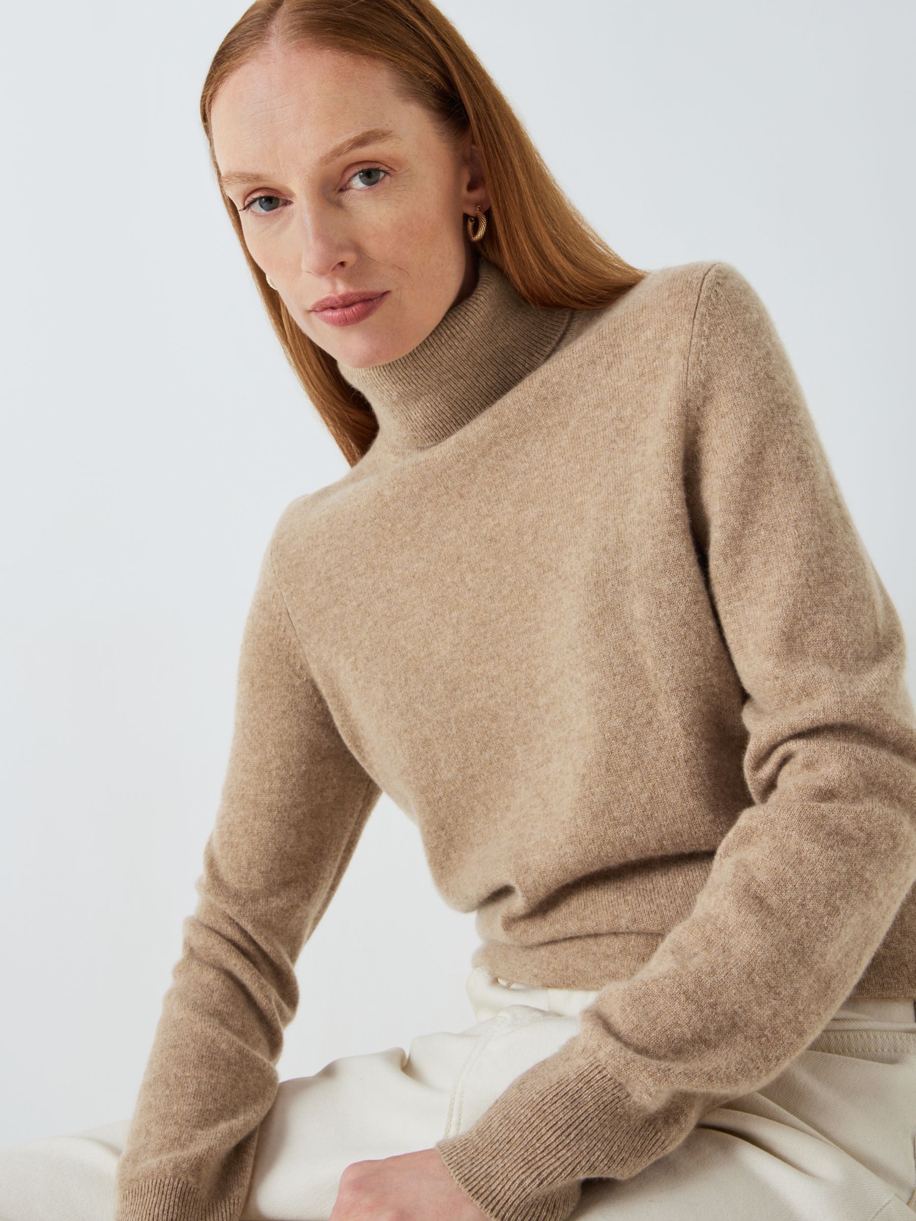 John Lewis Cashmere Roll Neck Jumper, Beige at John Lewis & Partners