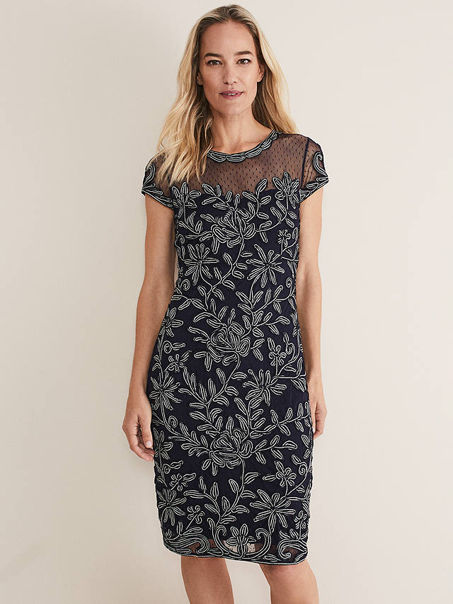 Phase Eight Zila Floral Tapework Knee Length Dress, Navy/Ivory