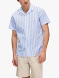 SELECTED HOMME Stripe Revere Collar Linen Blend Shirt, Cashmere Blue
