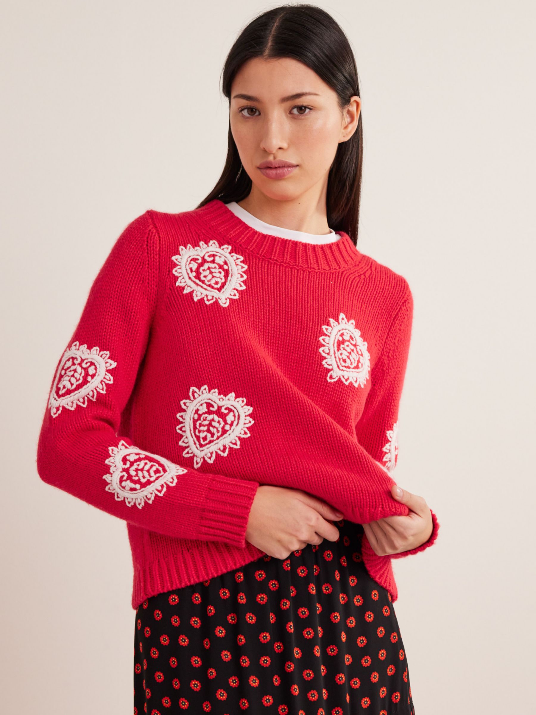 Boden Embroidered Hearts Chunky Knit Jumper, Strawberry Tart Red