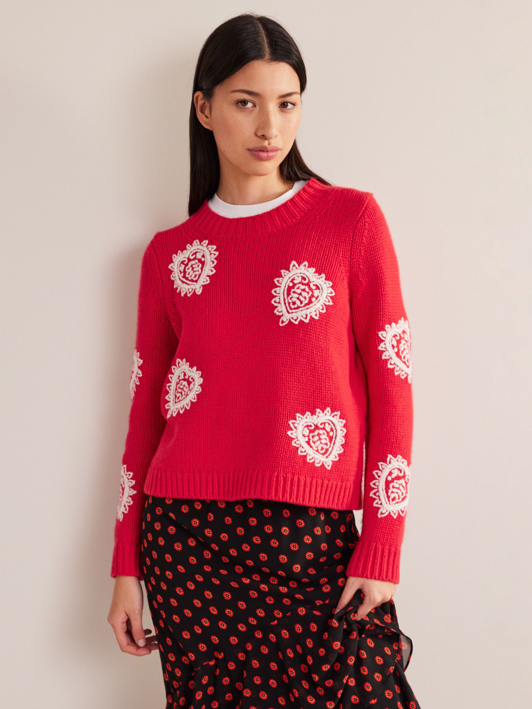 Boden Embroidered Hearts Chunky Knit Jumper, Strawberry Tart Red, XS
