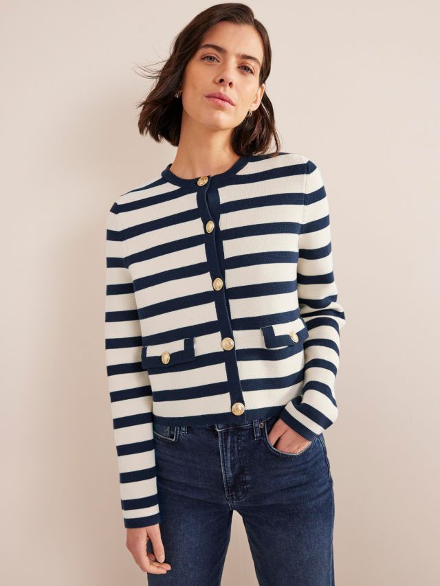 Boden Striped Cotton Knitted Jacket, Ivory/Navy Stripe, 8