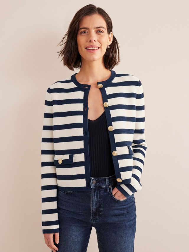 Boden Striped Cotton Knitted Jacket, Ivory/Navy Stripe, 8