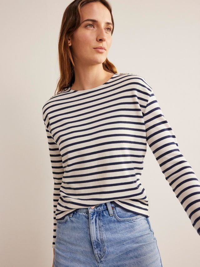 Boden Breton Embellished Shoulder Top, Ivory/Navy, 8