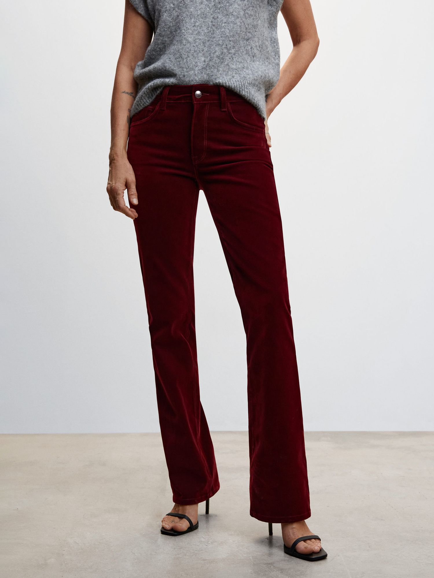 Mango Velvet Flared Jeans, Dark Red at John Lewis & Partners