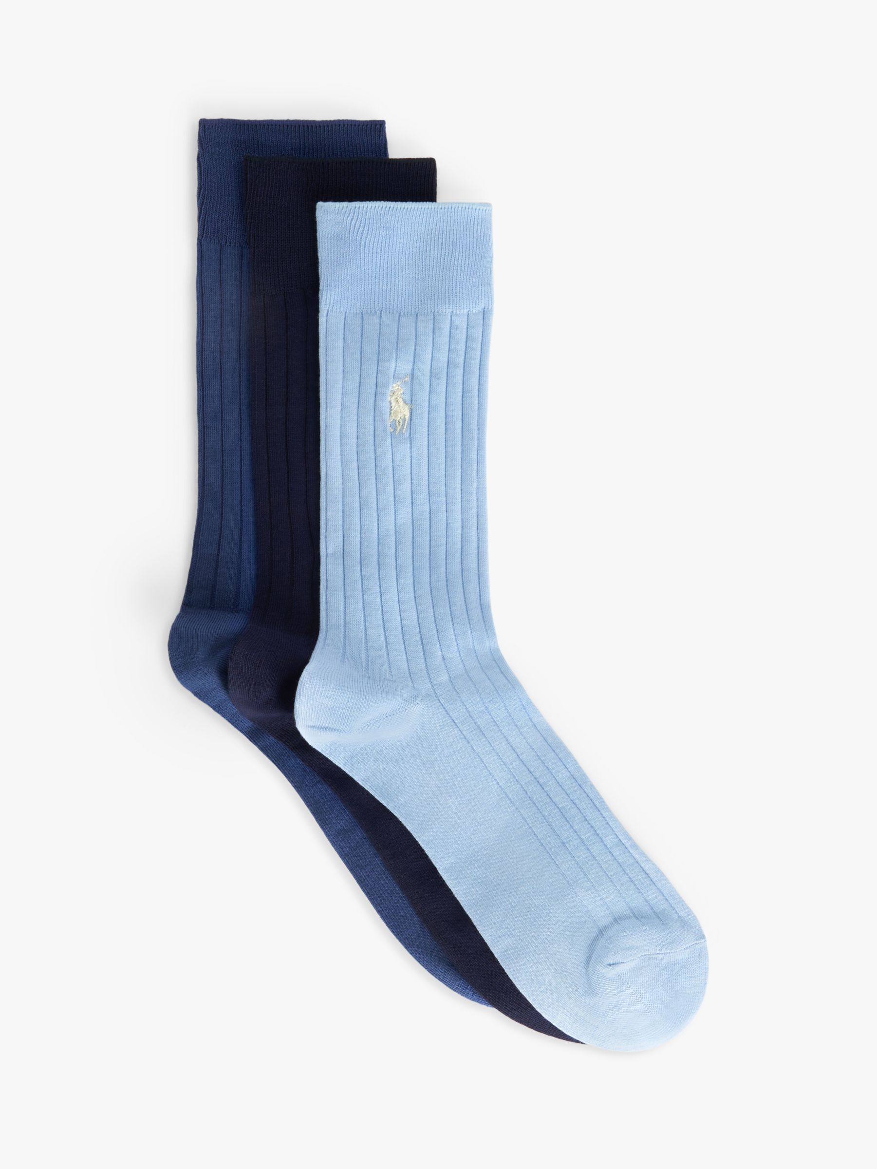 Ralph Lauren Egyptian Crew Socks, Pack of 3, Blue Assorted, S-M