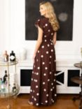 HotSquash Mock Wrap Polka Dot Chiffon Maxi Dress, Brown/Cream