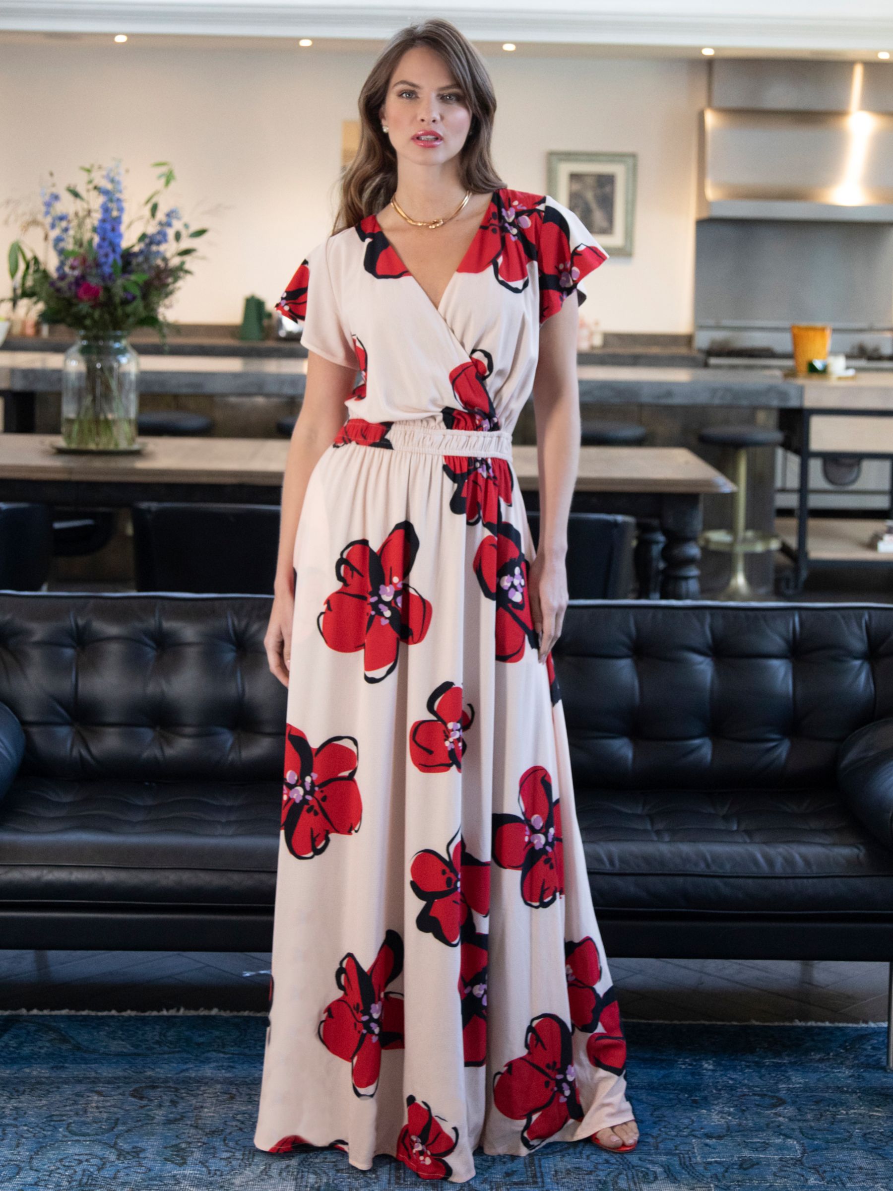 Hotsquash Mock Wrap Chiffon Maxi Dress Floral Creamred At John Lewis And Partners