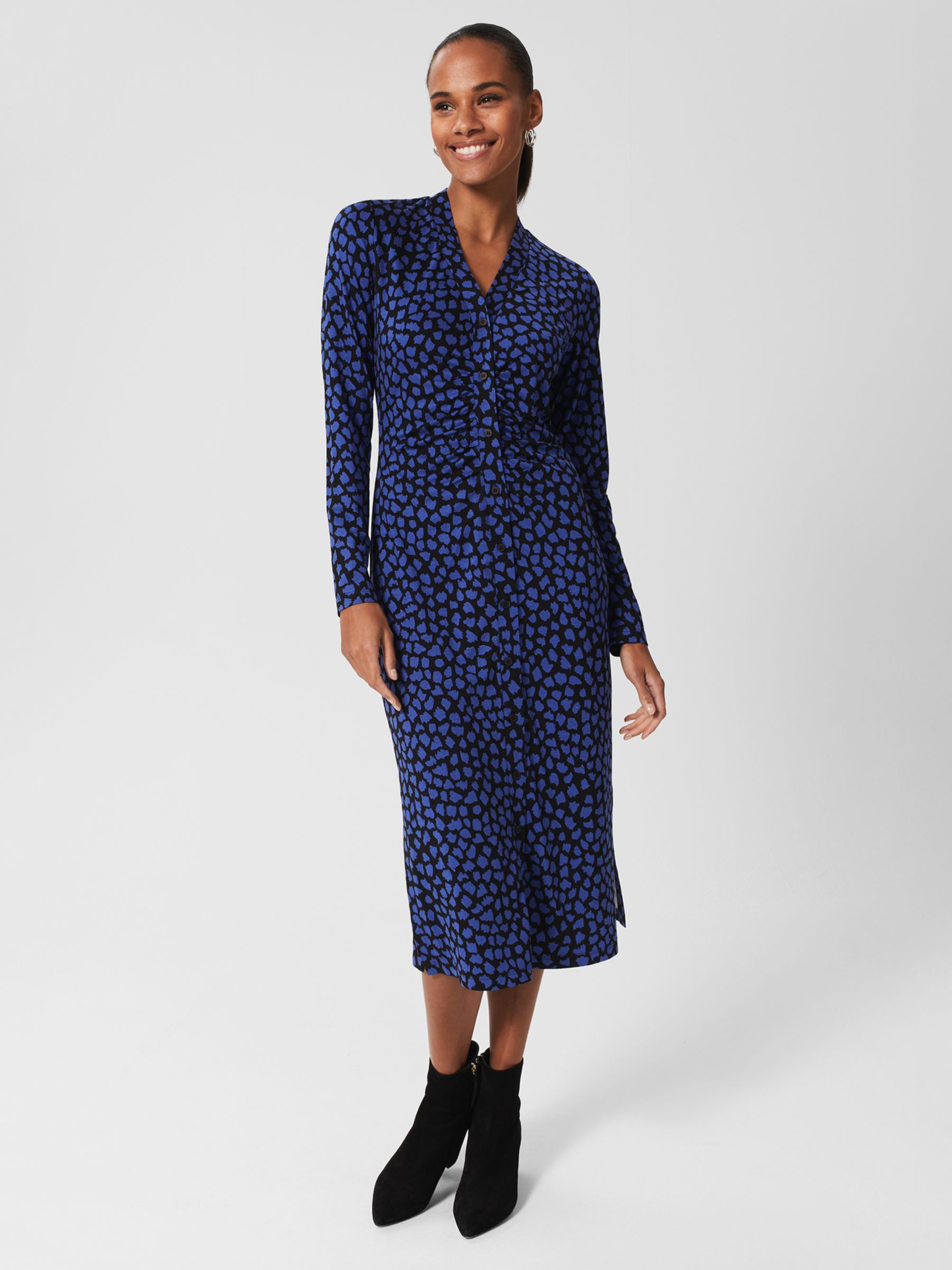 Hobbs Hatty Abstract Print Jersey Midi Dress, Black/Blue, 18