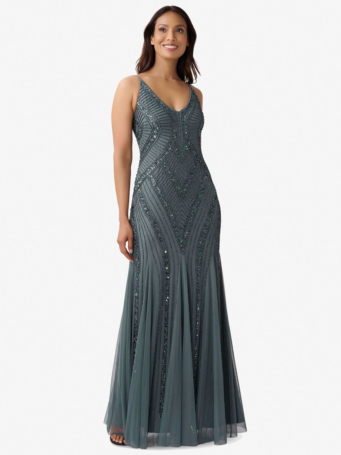 Adrianna Papell Beaded Sleeveless Godet Detail Maxi Dress, Green Granite, 6