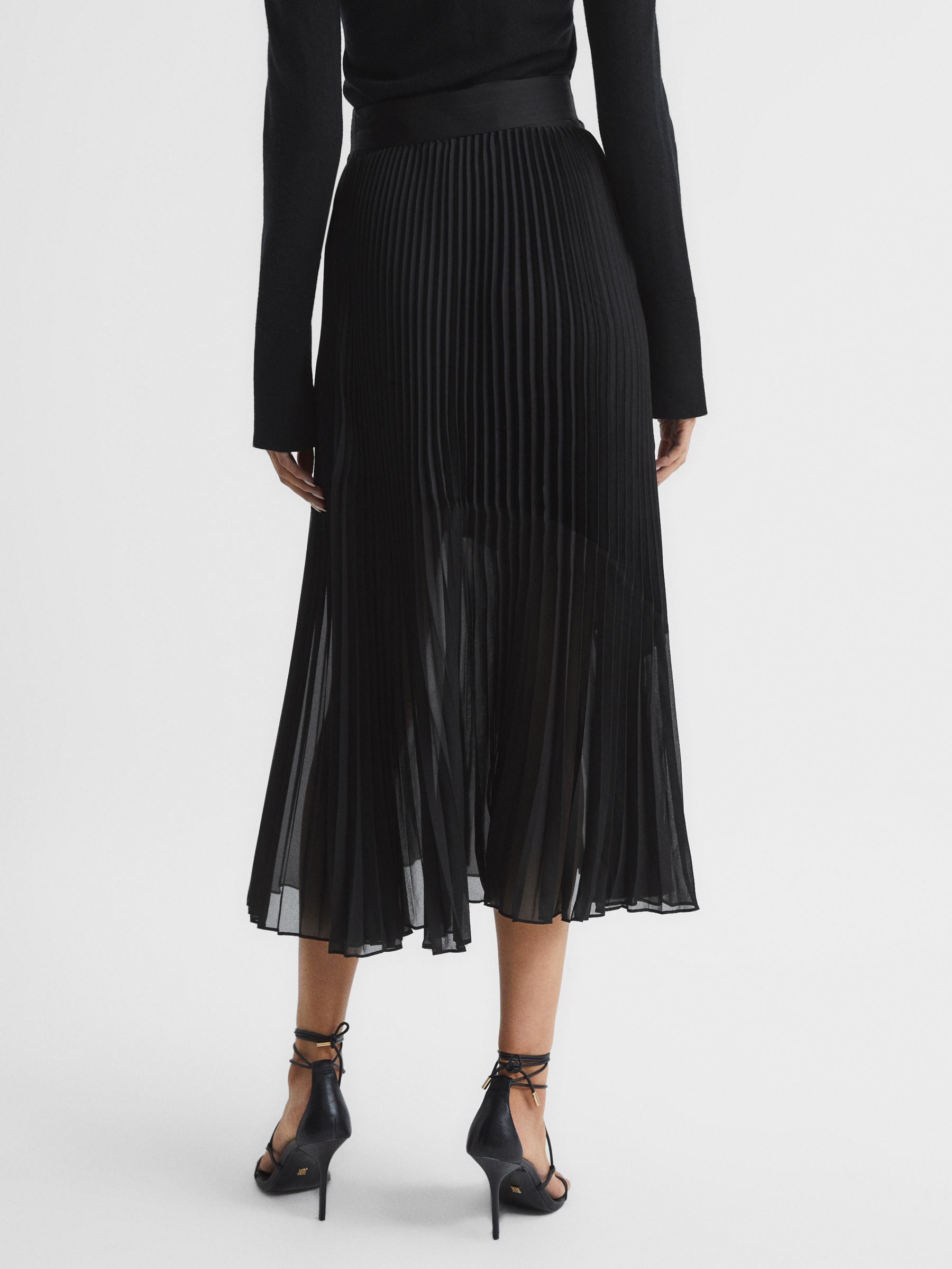 Reiss Anya Plisse Midi Skirt, Black at John Lewis & Partners