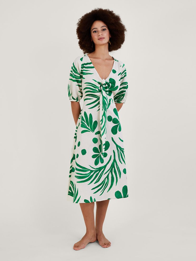 Monsoon Palm Print Tie Front Midi Dress, Green/White at John Lewis ...