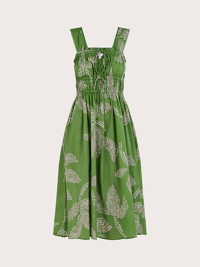 Monsoon Palm Spot Print Cotton Midi Dress, Green