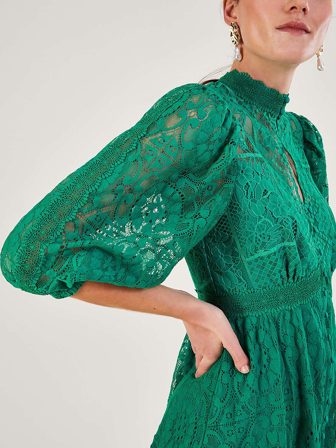 Monsoon Rhea Lace Midi Dress, Green at John Lewis & Partners