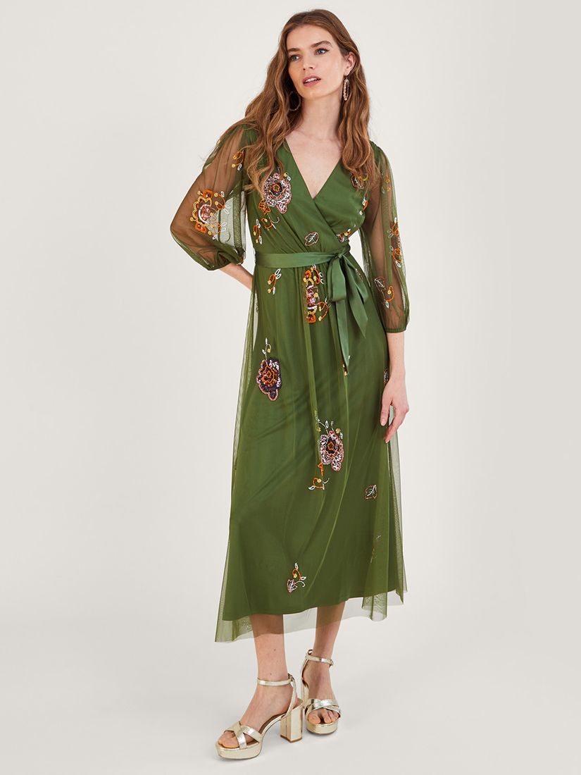 Monsoon Reese Embroidered Wrap Midi Dress, Green, 8