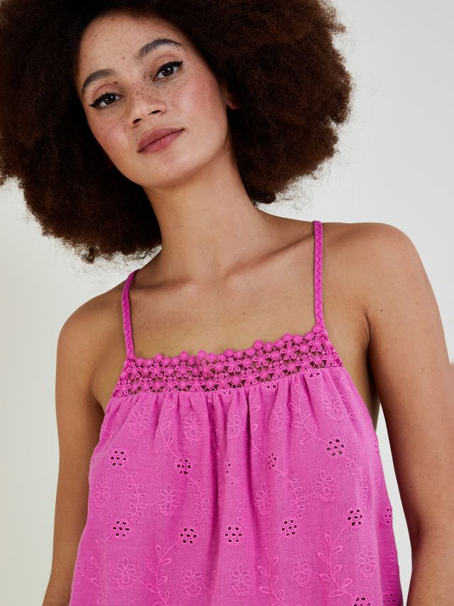 Monsoon Broderie Anglaise Detail Cami Top, Pink, S