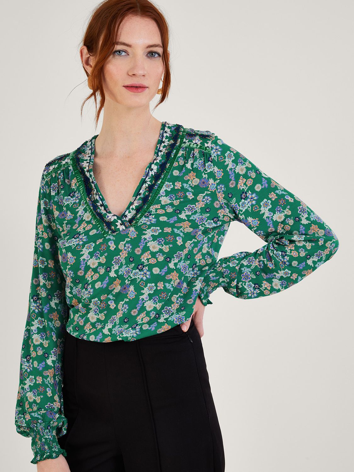 Monsoon Floral Embroidery Blouse, Green, S