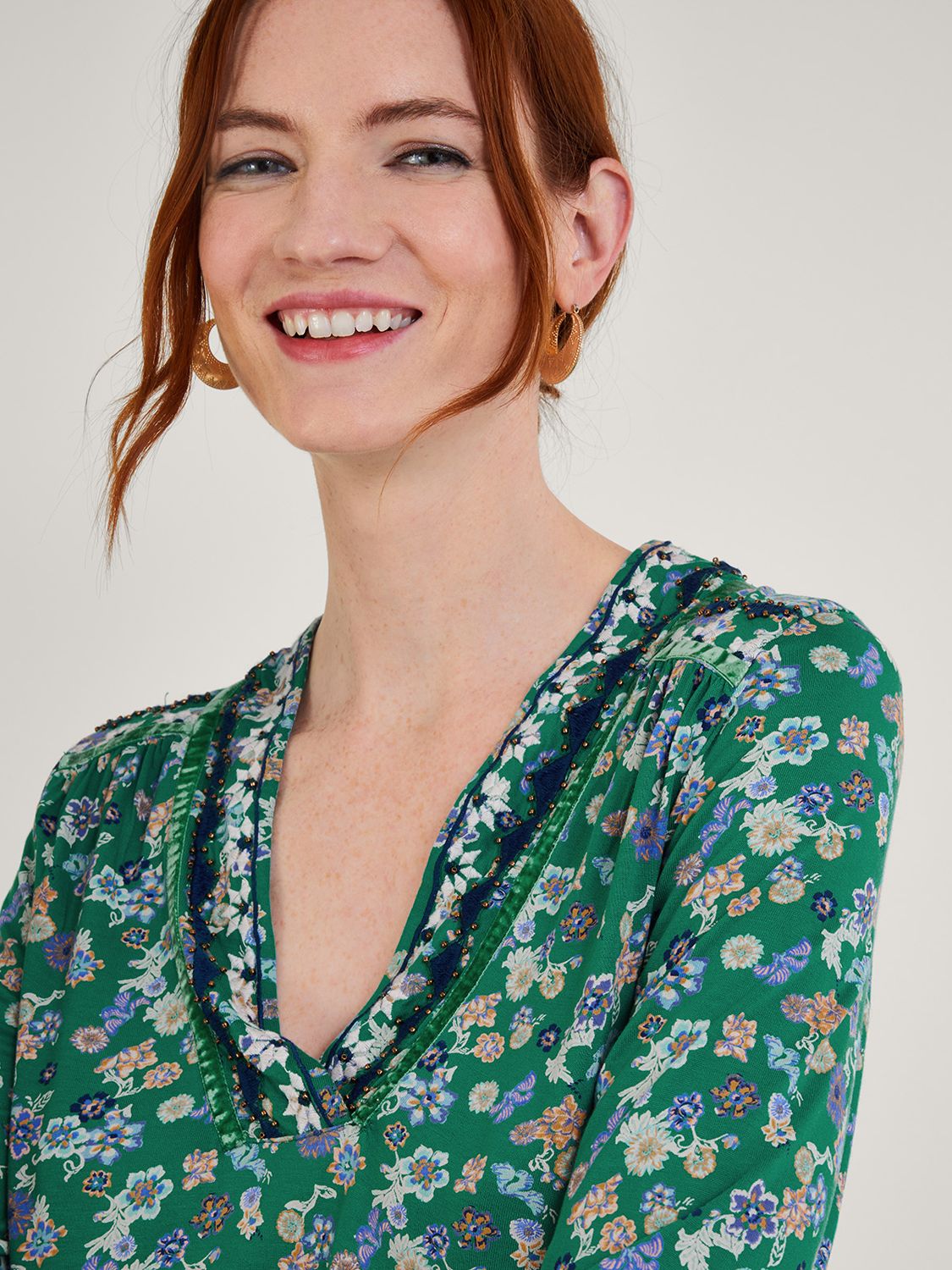 Monsoon Floral Embroidery Blouse, Green at John Lewis & Partners