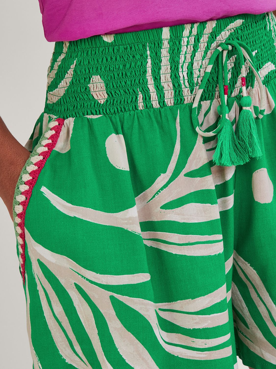 Monsoon Palm Print Crochet Trim Shorts, Green at John Lewis & Partners