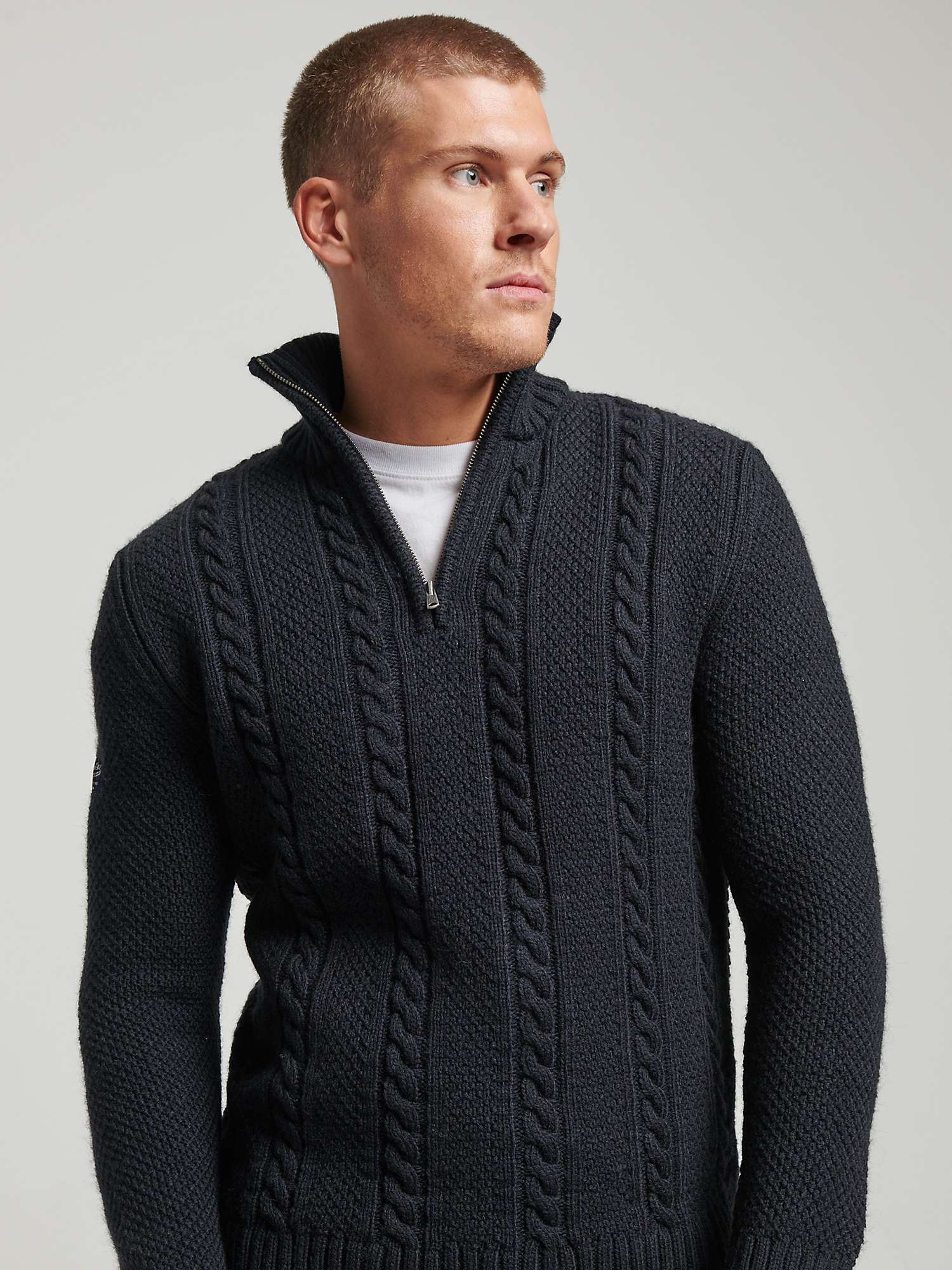 Superdry Wool Blend Cable Henley Jumper, Eclipse Navy at John Lewis ...